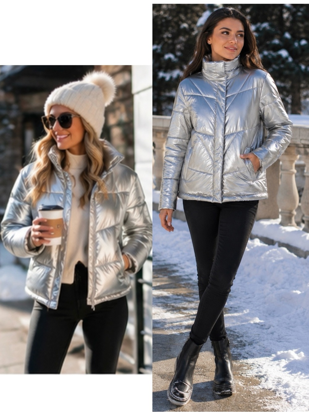 Steve Madden Metallic Silver Puffer Jacket Quilted Winter Coat Size L NWT